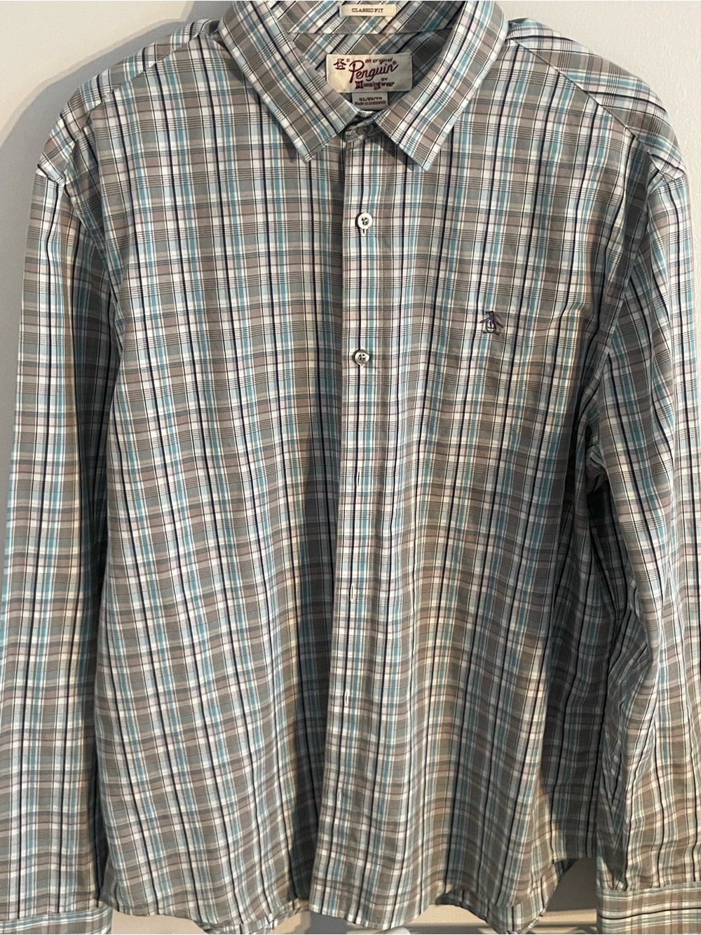 Original Penguin Men's Light Blue and Gray Plaid Button-Down Shirt